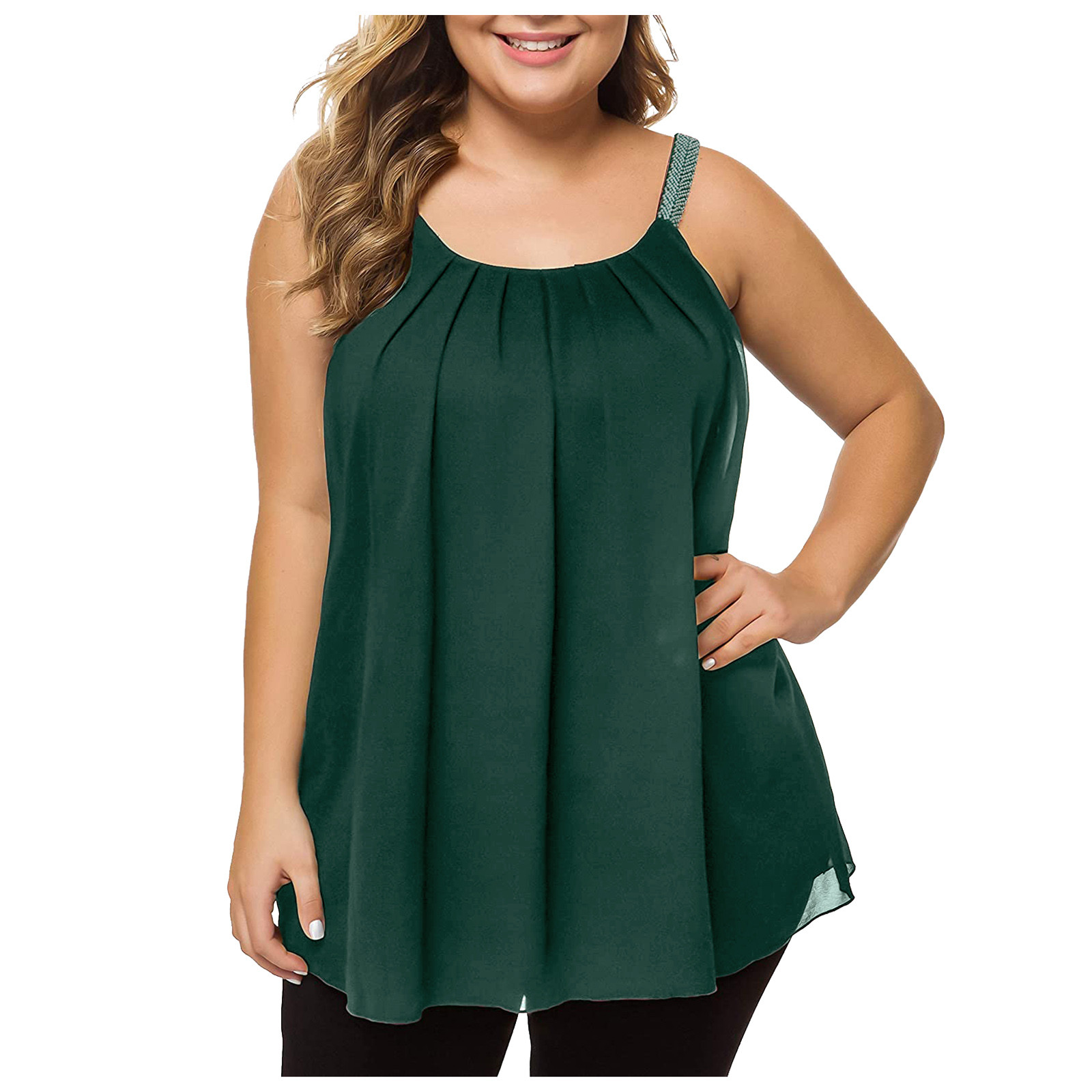 thumbnail image 2 of Camiseta sin mangas con tirantes de encaje y pliegues de gasa lisa para mujer, tallas grandes - Sin mangas, cuello redondo, poliéster/gasa, ropa de playa para el verano, 1 pieza, 2 of 7